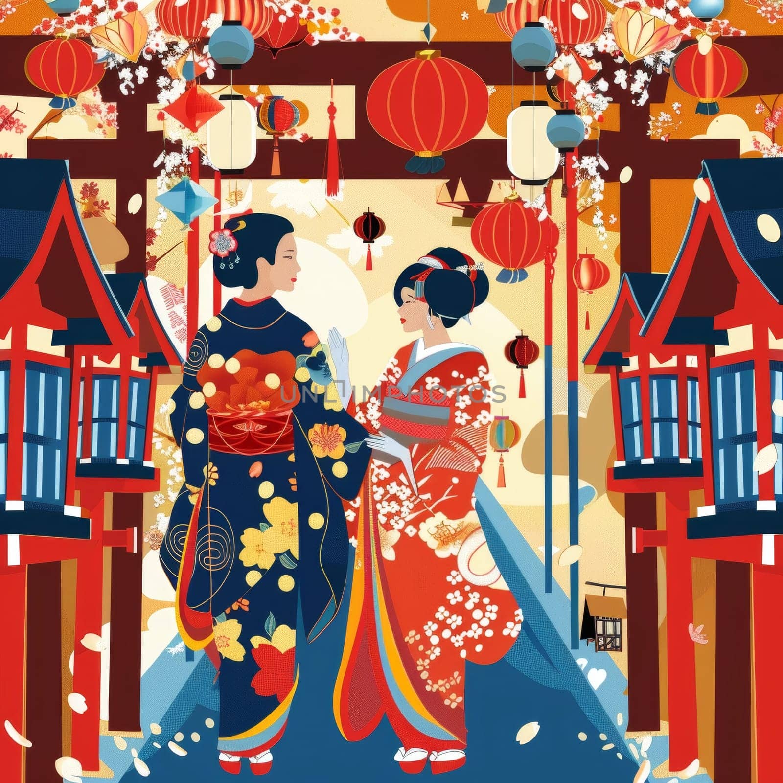 Two elegant geisha figures stand amid a vibrant display of traditional Japanese lanterns, pagodas, and cherry blossoms, capturing the festive atmosphere of a cultural celebration by sfinks