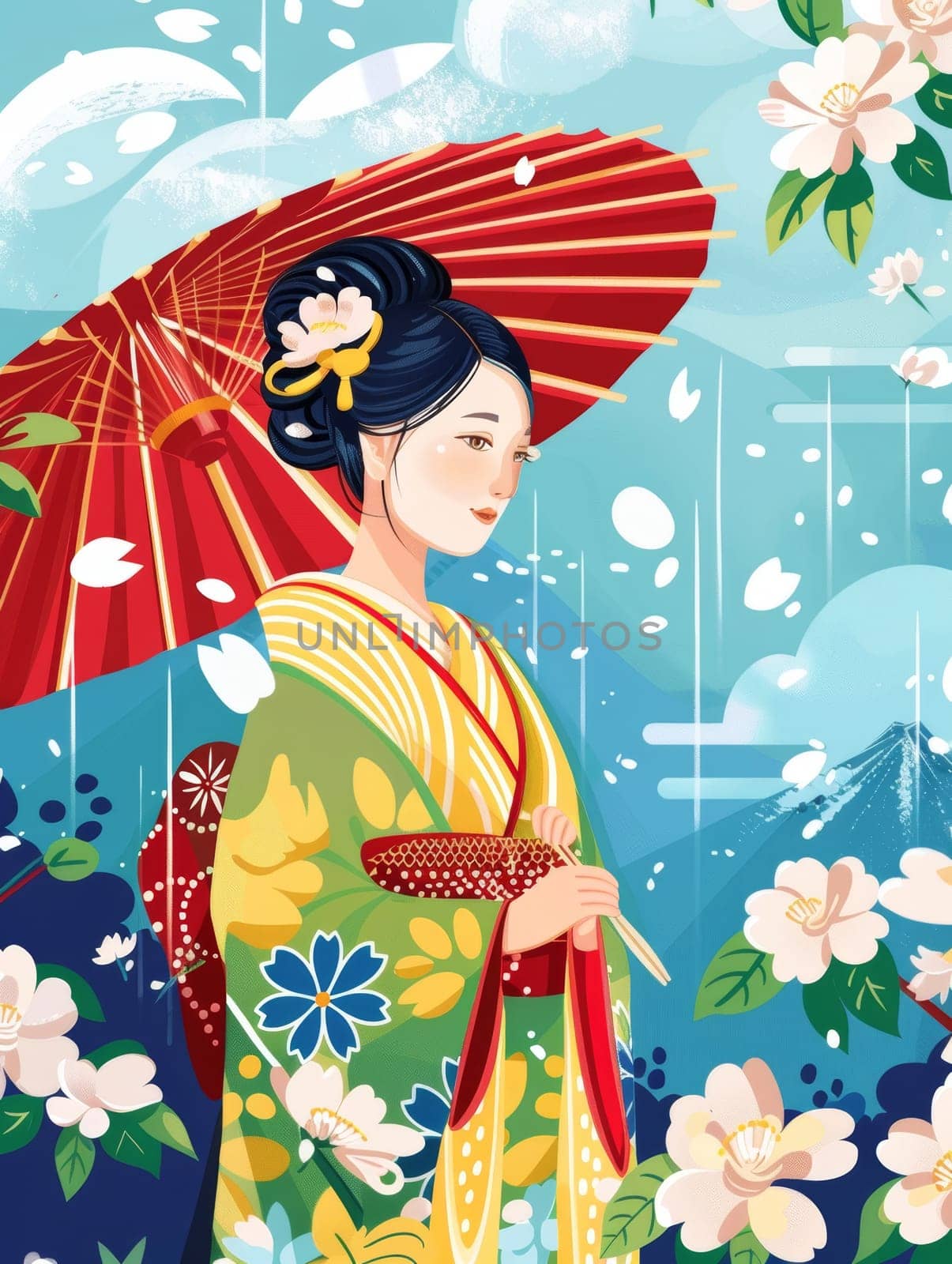 A graceful geisha in a vibrant, patterned kimono stands amidst a lush, blooming landscape, holding a traditional red umbrella and exuding an air of serene elegance. by sfinks