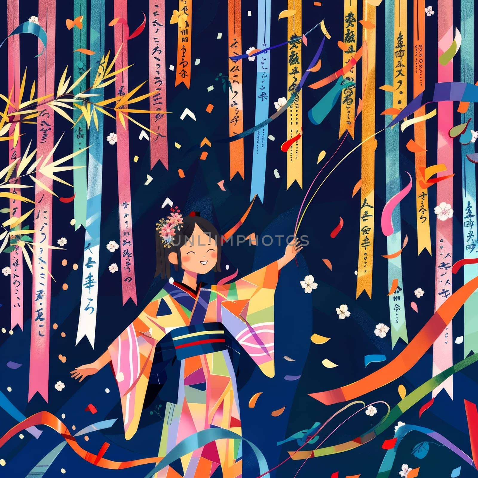 Vibrant Tanabata festival illustration with colorful streamers, Japanese text, and fireworks on a blue sky background