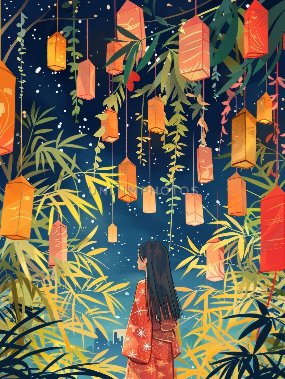 A vivid Tanabata night scene captured with colorful paper lanterns hanging amidst bamboo leaves, sparkling against a starry background in a festive display. by sfinks