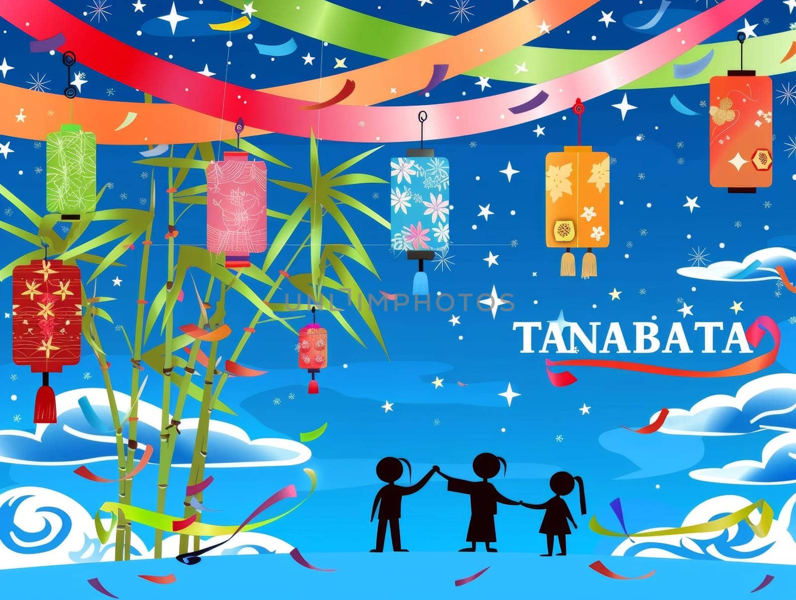 Graphic representation of families enjoying the Tanabata festival night with colorful lanterns and ribbons in the sky