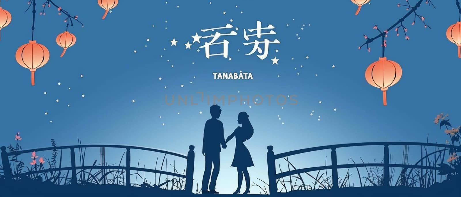 Star-crossed lovers silhouette against a twilight backdrop, celebrating Tanabata with hanging paper lanterns. by sfinks