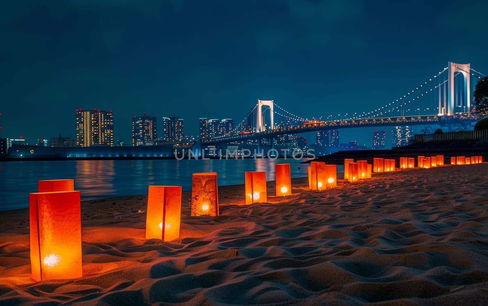 A dusk scene captures glowing candles on sandy beach leading the eye to an urban skyline and a majestically lit bridge. Japanese Marine Day Umi no Hi also known as Ocean Day or Sea Day by sfinks