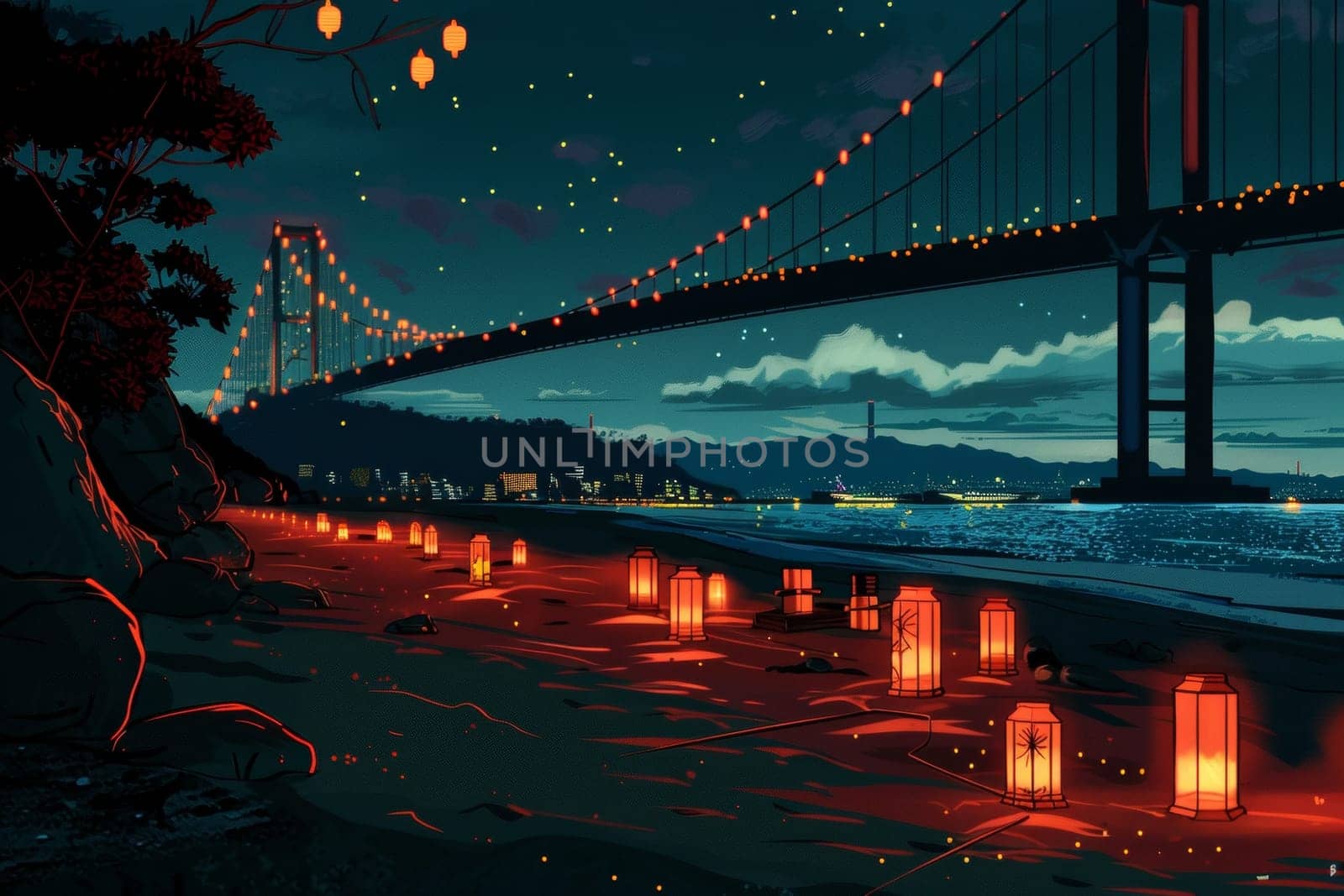 A mesmerizing twilight scene with glowing lanterns rising above the calm waters near an illuminated bridge and city skyline. Japanese Marine Day Umi no Hi also known as Ocean Day or Sea Day.