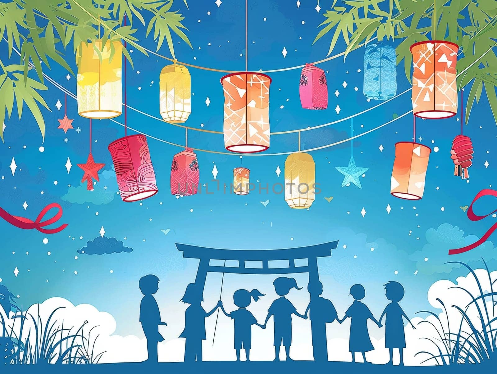 A colorful array of hanging lanterns decorates the night, casting a soft glow over a group of children beneath a torii gate. by sfinks