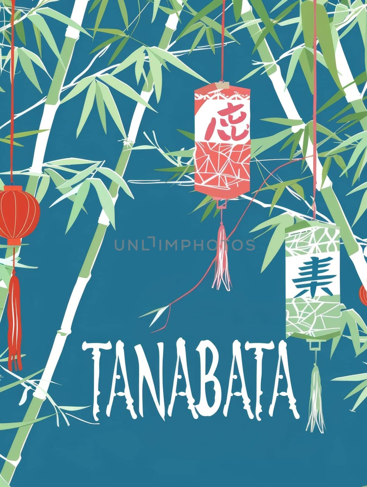 Artistic representation of Tanabata with Japanese kanji on hanging lanterns, surrounded by bamboo leaves against a night sky
