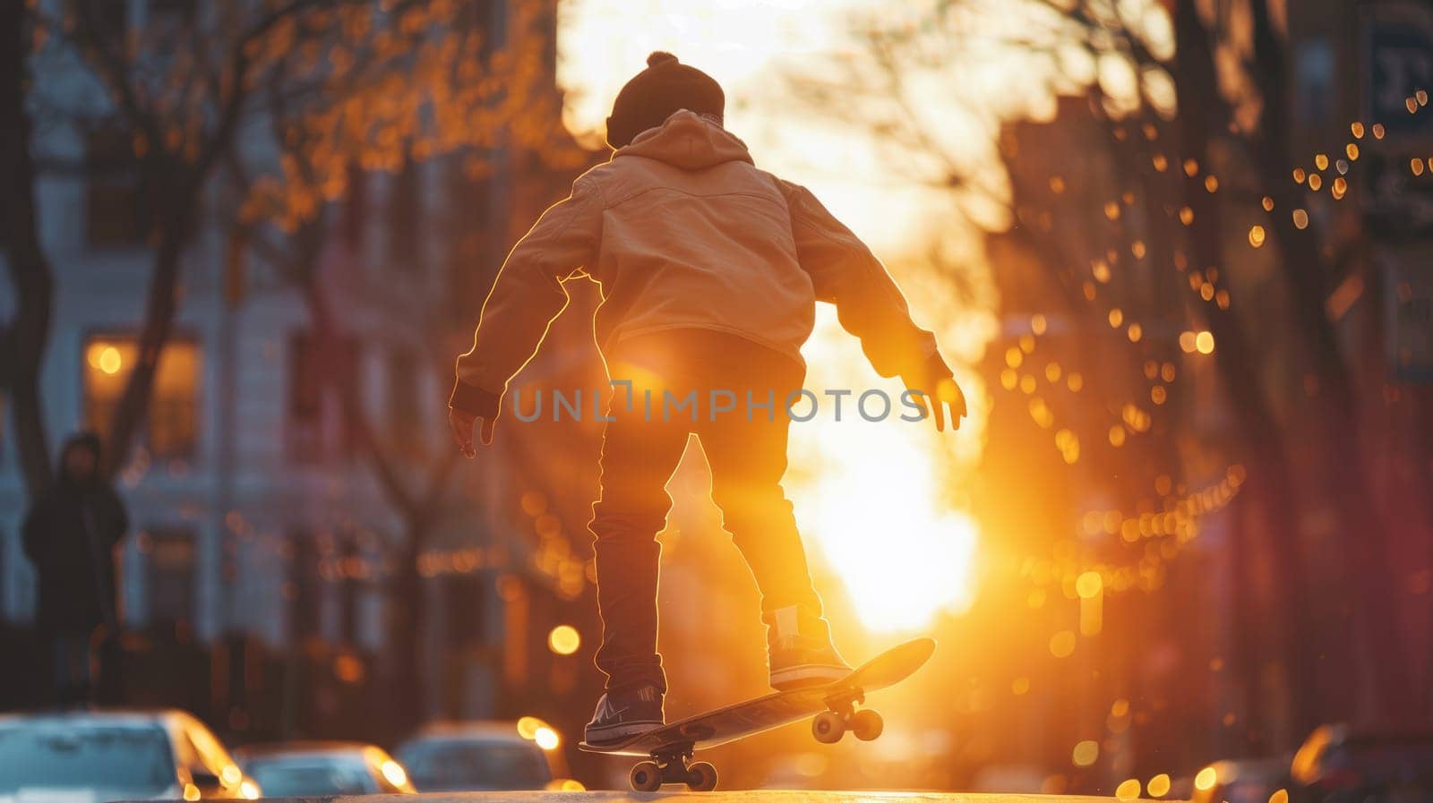 Urban Skater at Golden Hour - Cool Teen Skateboarding in City Streets at Sunset..