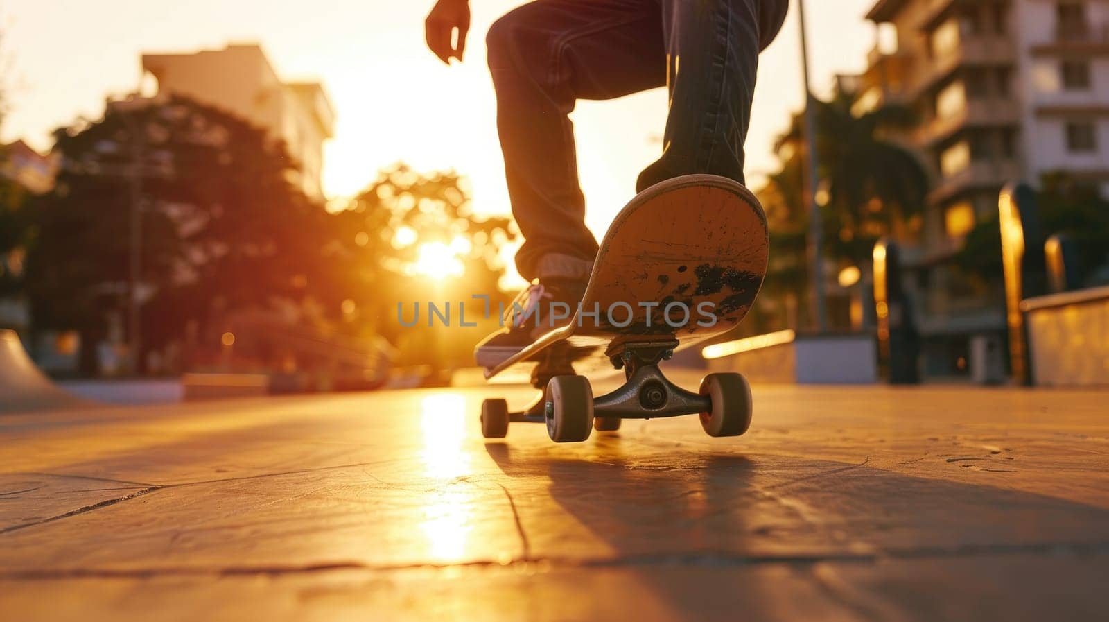 Urban Skateboarding Adventure at Golden Hour with Teenager Enjoying the Ride..