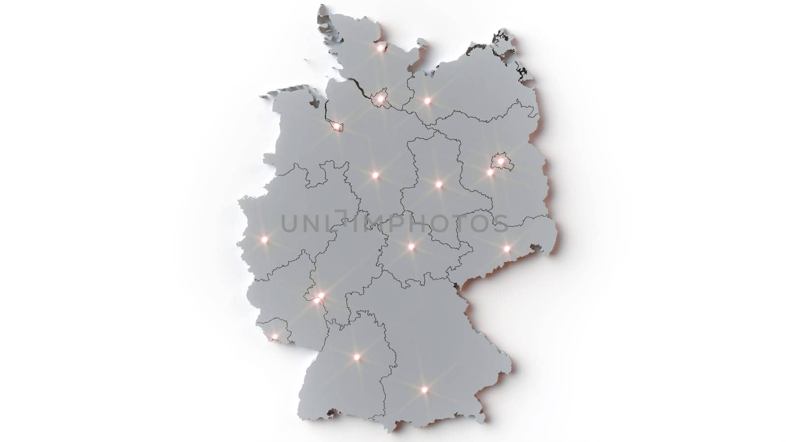 3D rendering of a grey Germany map with state capitals highlighted by bright lights.