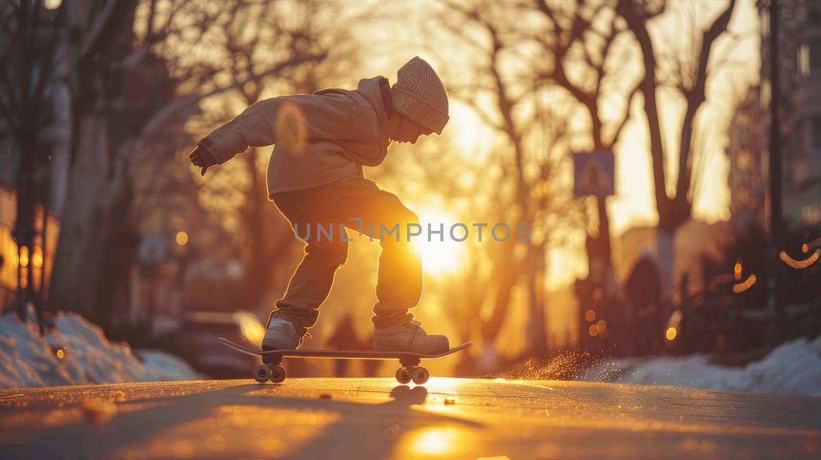 Urban Teenager Skating at Sunset - Youthful Skater enjoying Skateboard Ride in Cityscape at Dusk..