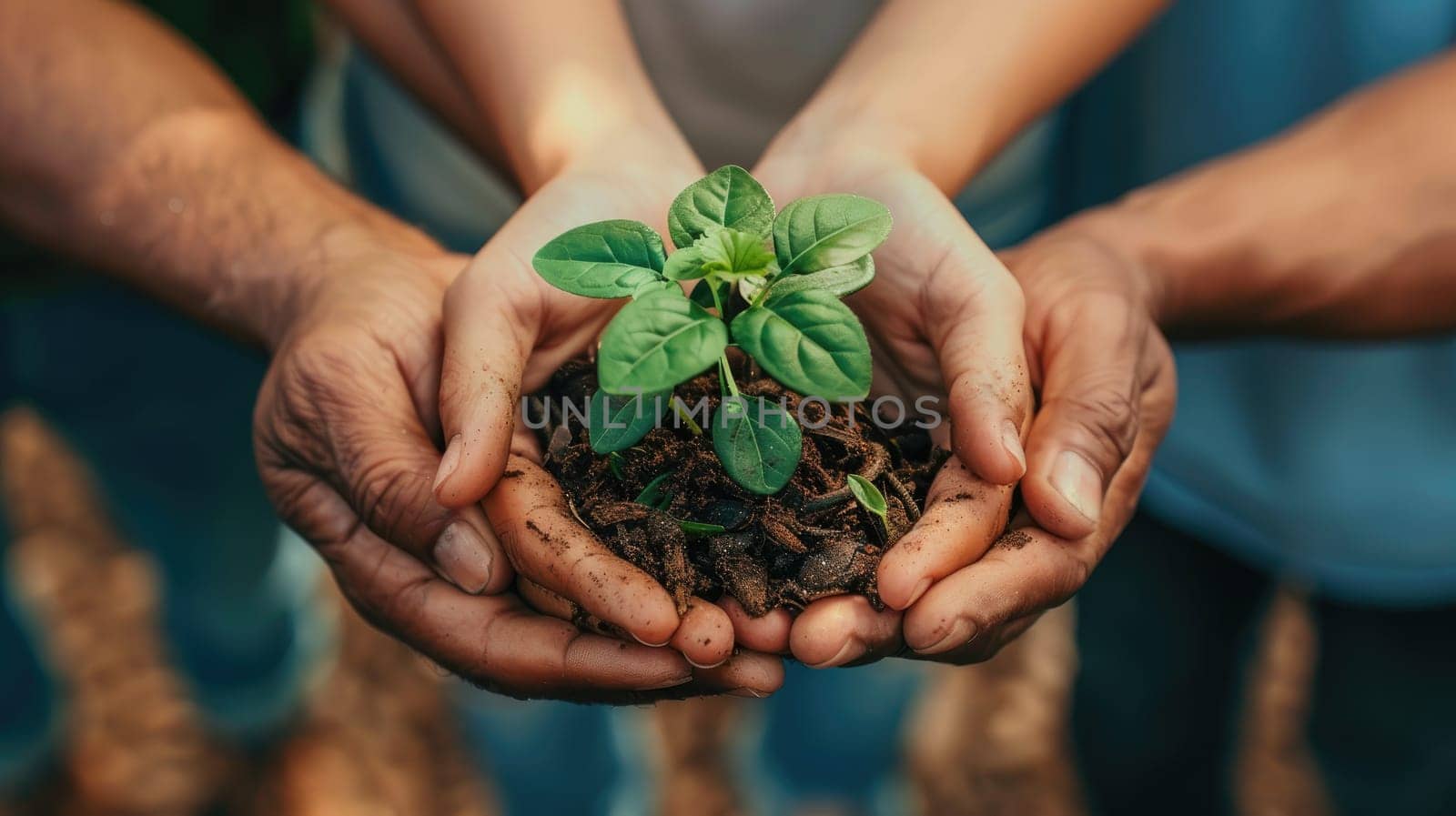 Community Growth, Close-up of Diverse Hands Holding a Small Seedling for Planting Together..