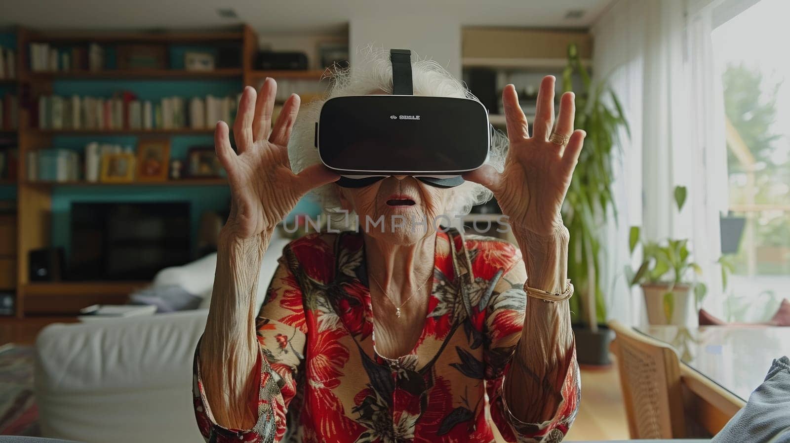 Immersed in Virtual Reality: Senior Woman Using VR Glasses in Contemporary Living Room..