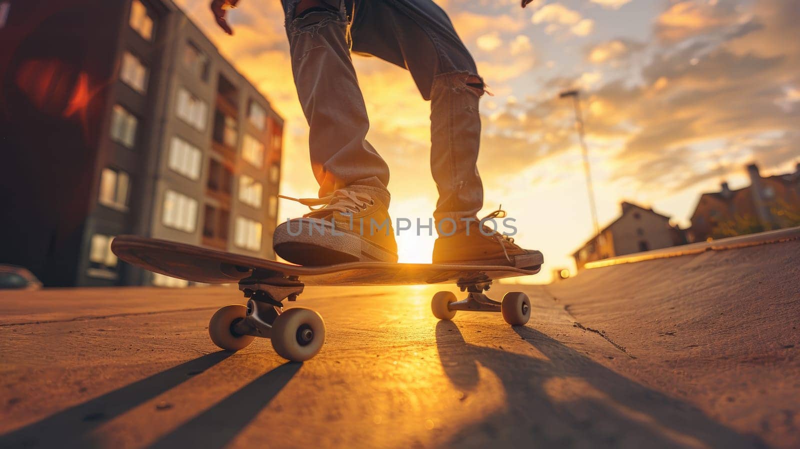 Urban Teen Skateboarding at Golden Hour - Energizing Grind in City Streets..