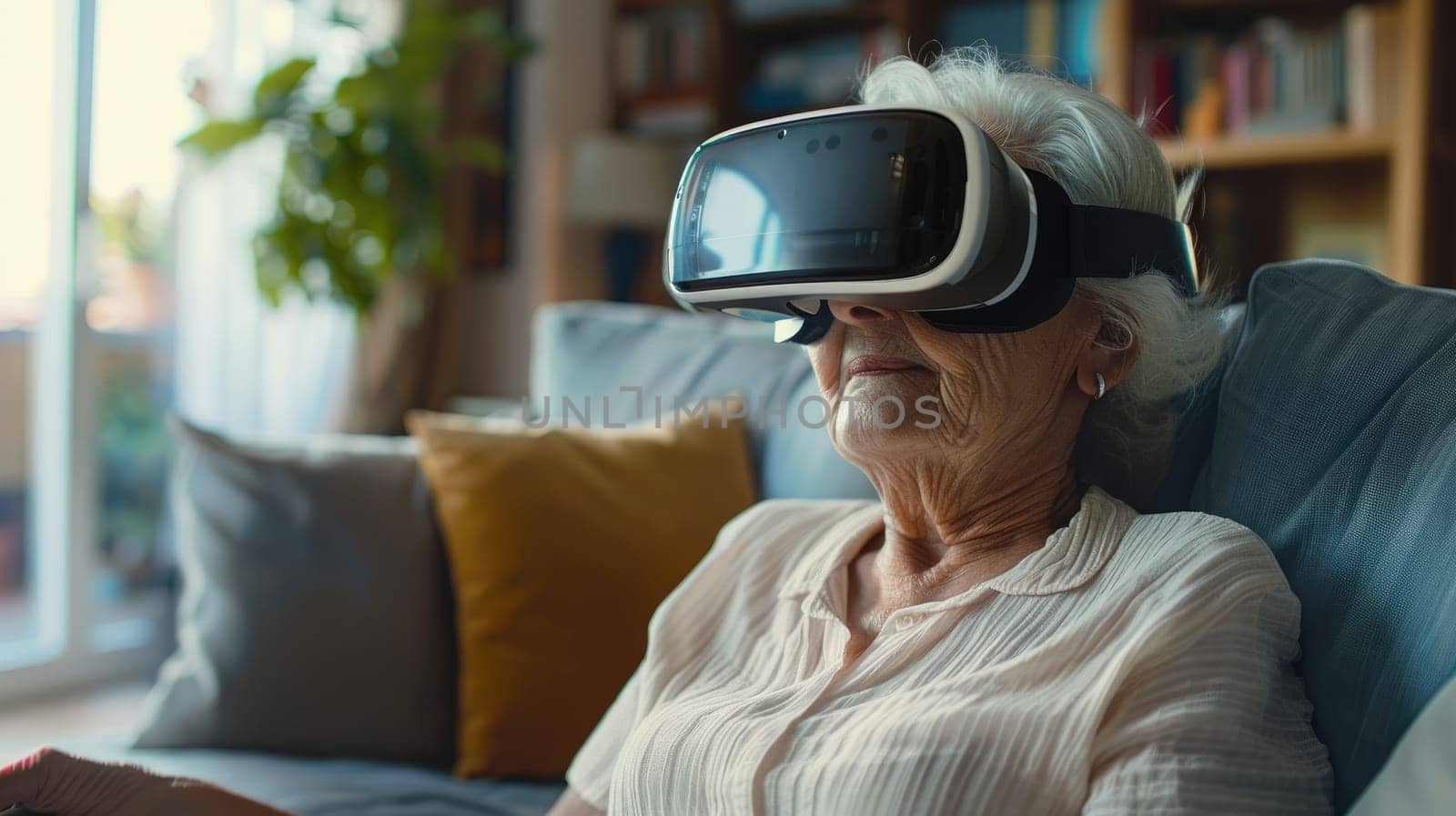 Serene Senior Woman Engaging with Virtual Reality Experience in Contemporary Living Room..