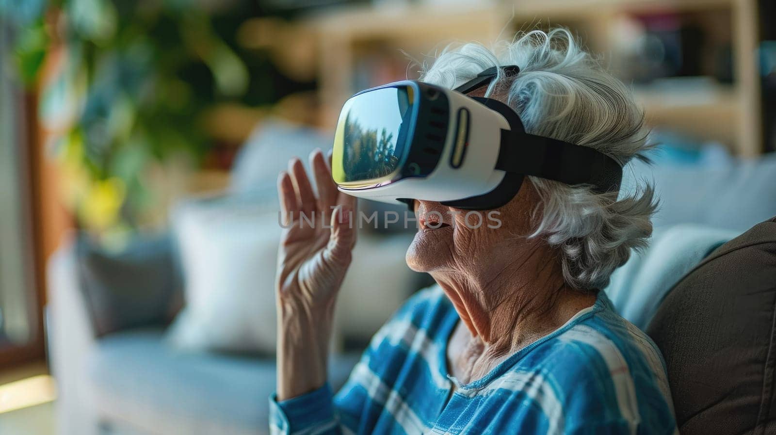 Senior Woman Enjoying Virtual Reality Experience in Stylish Living Room Setting..
