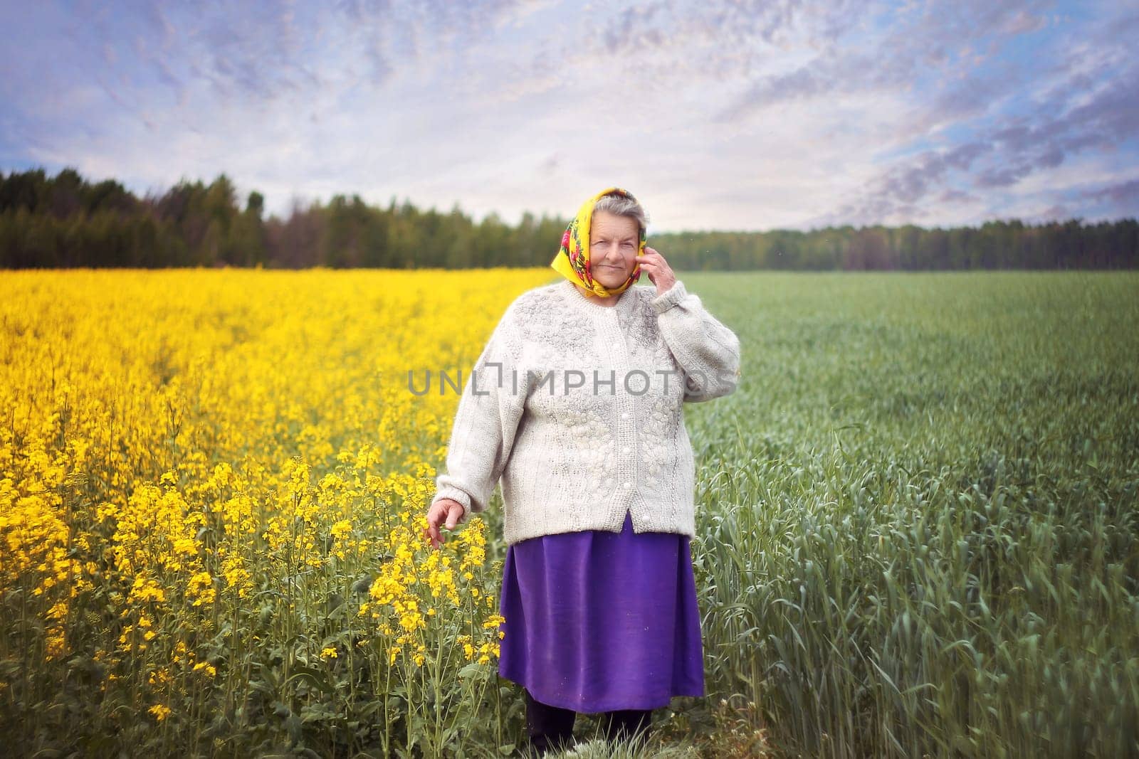 An old woman in yellow headcrarf and purple scirt enjoying a walk in the open air. by VeronikaAngo