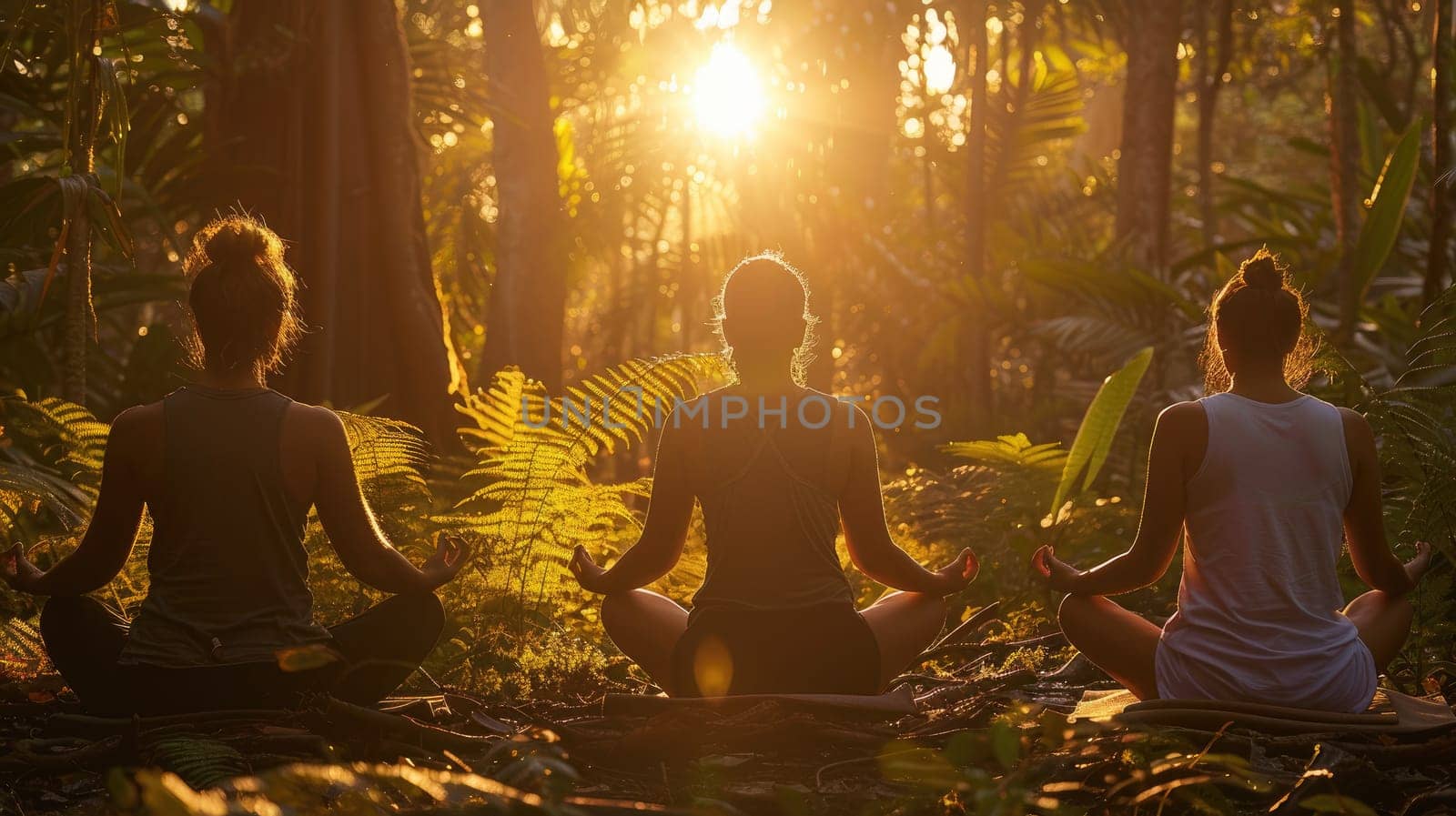 Serene Young Adults Meditating in a Vibrant Forest at Sunrise - Finding Inner Peace and Harmony in Nature..