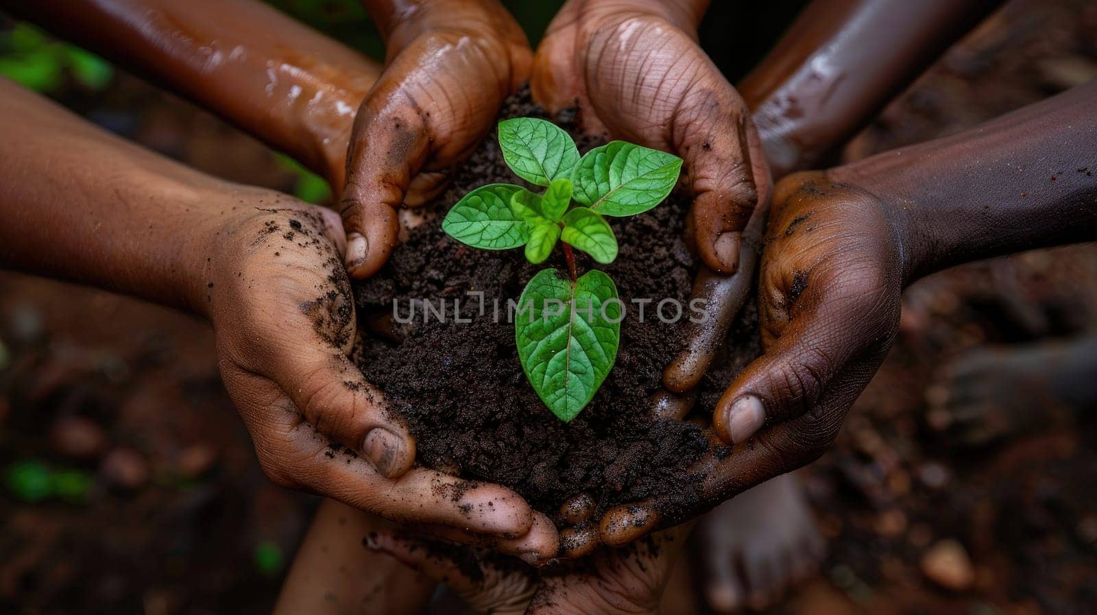 Cultivating Diversity, Close-up of Diverse Hands Holding a Small Seedling..