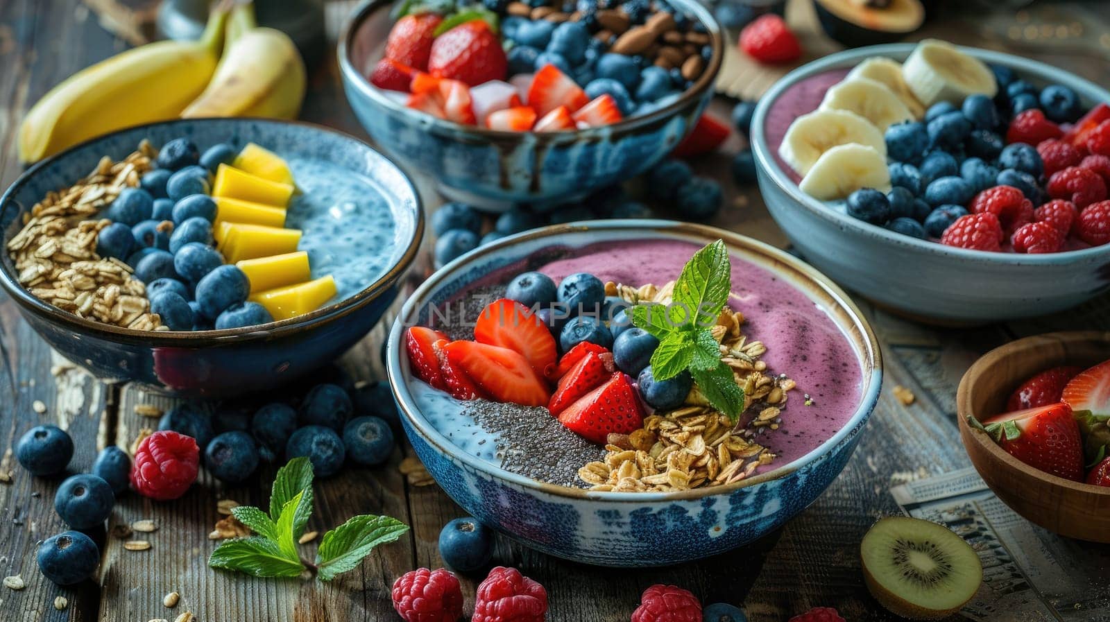 Wholesome Morning Delight - Vibrant Smoothie Bowls and Fresh Fruits on Rustic Table Setting..