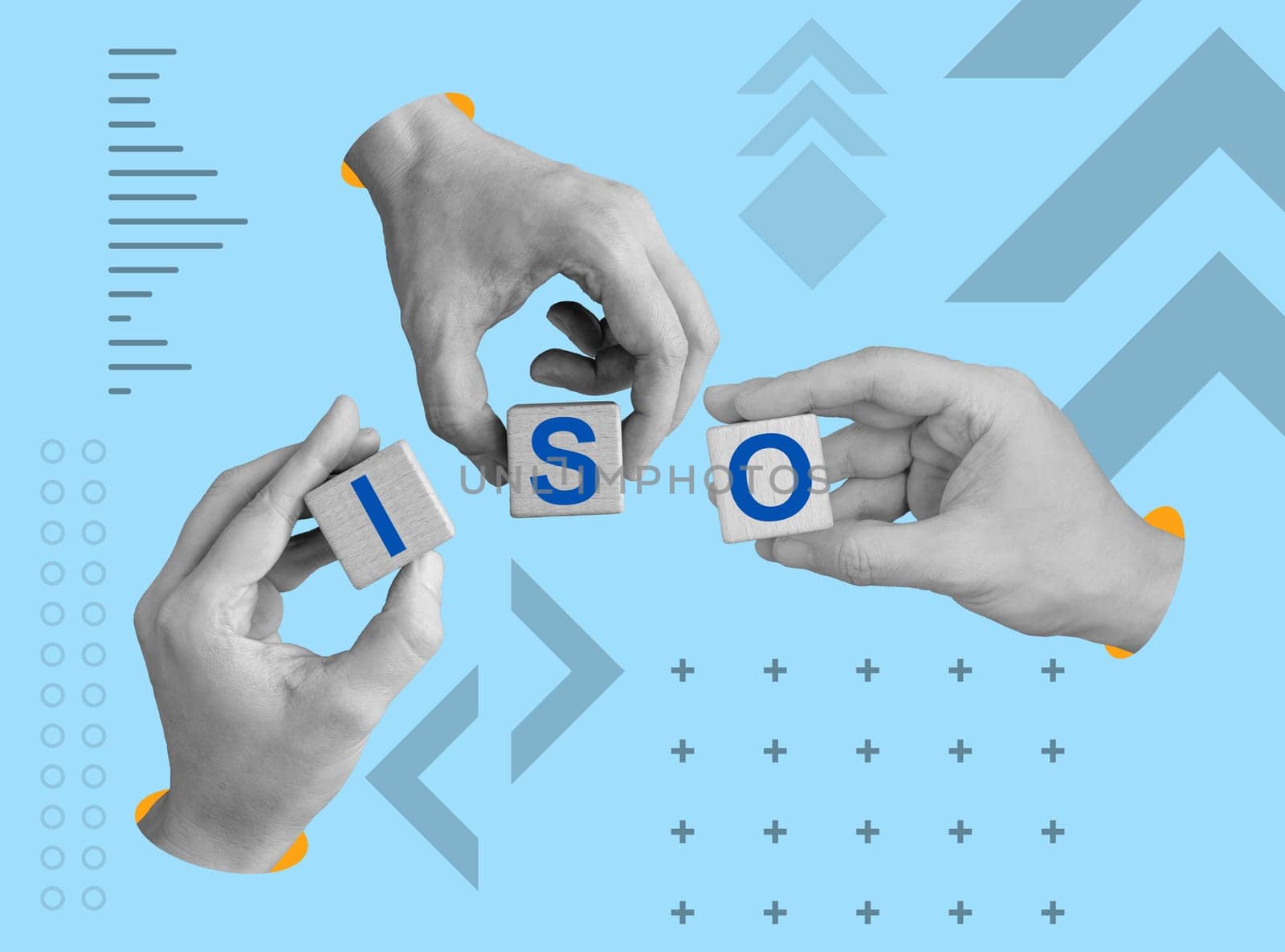 ISO standards and certification concept. Collage with hands holding wooden cubes.