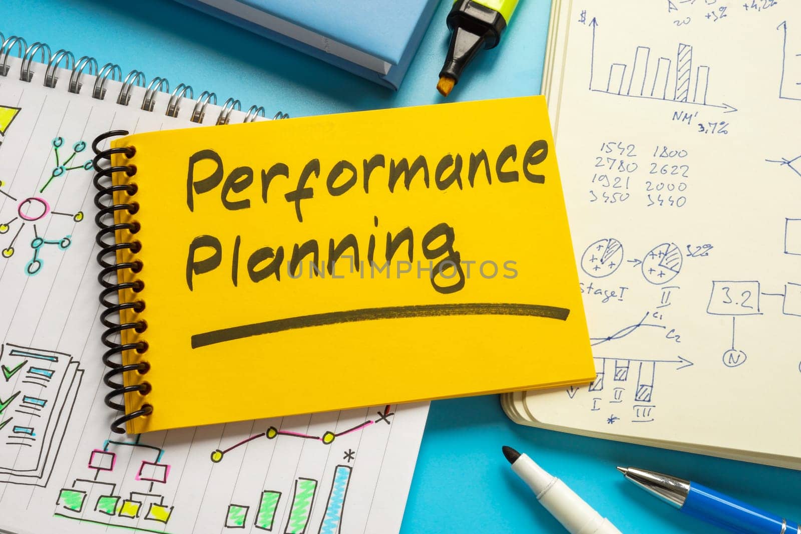 Performance planning concept. Open notebooks with business notes.