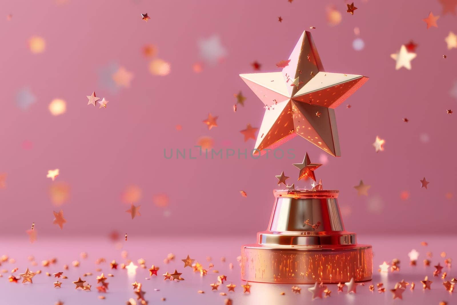 A gold star is sitting on a pink background. The star is surrounded by glitter, giving it a festive and celebratory feel