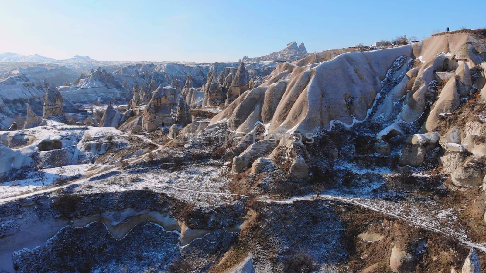 Aerial view of fairy chimney rock formation in Goreme Valley and National Park, Cappadocia, Nevsehir, Turkey