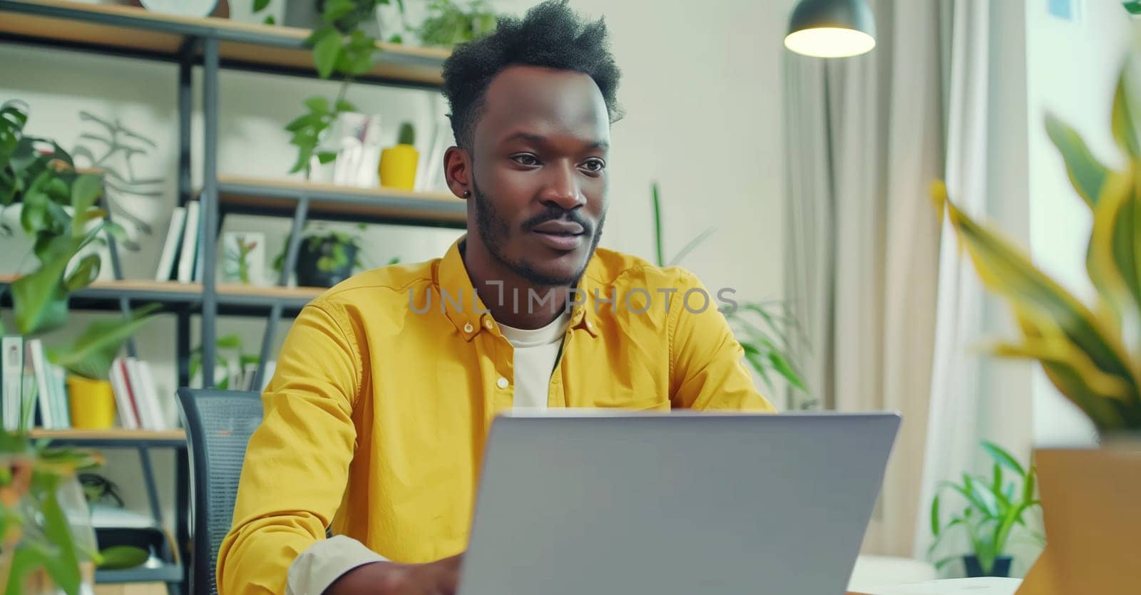 Modern young african man sitting at desk and working at the laptop at home, black male freelancer or office worker