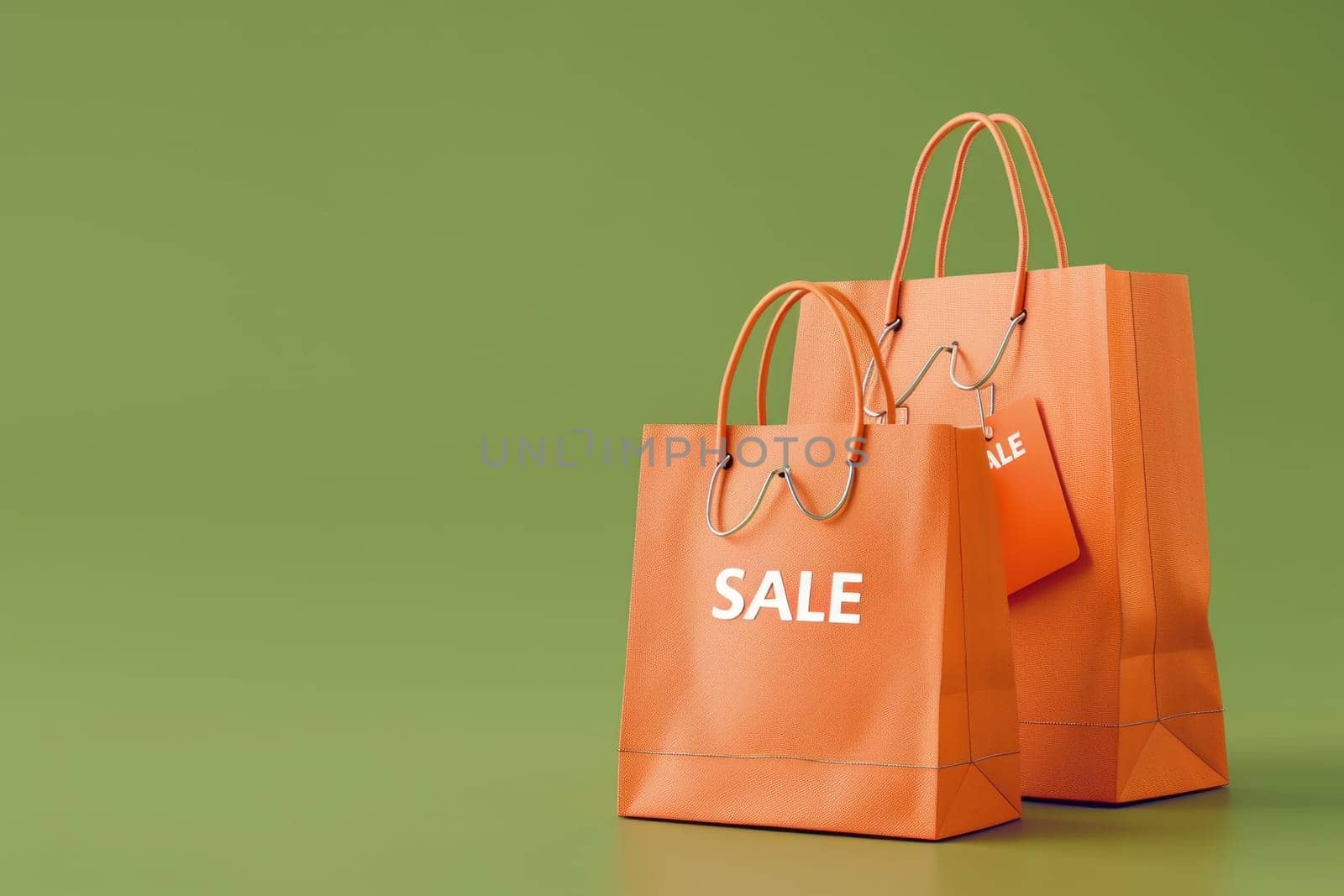 Two vibrant orange shopping bags with sale tags on green background, symbolizing business and consumerism