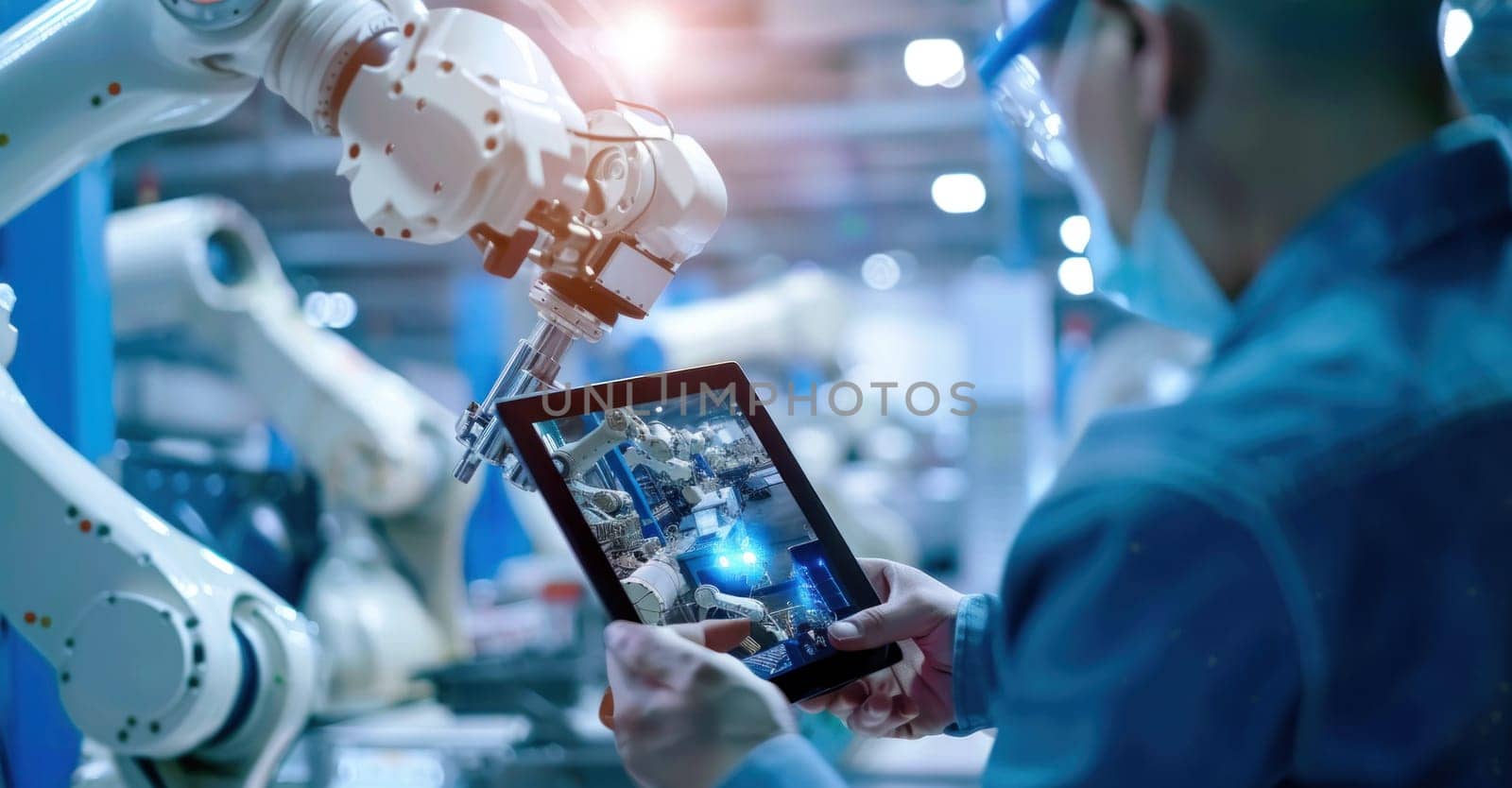 Technological advancements in industrial environments man holding tablet computer in front of robot in modern setting