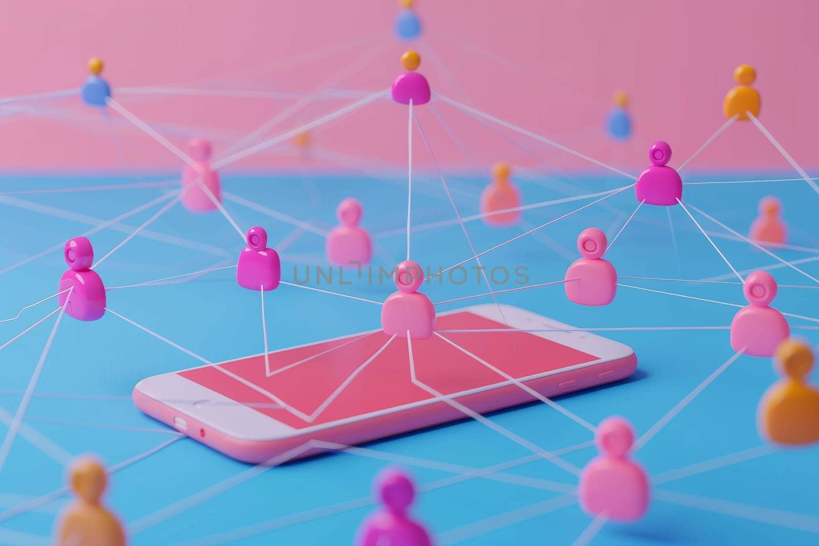 A group of people are connected by a network of strings. The people are of different colors and sizes. Concept of a diverse group of people coming together and forming a strong bond