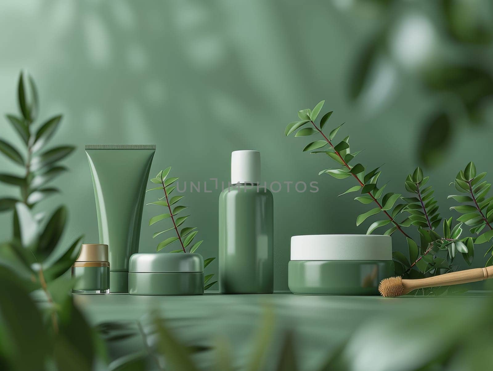 Mockup cosmetic product set. Green background and nature.