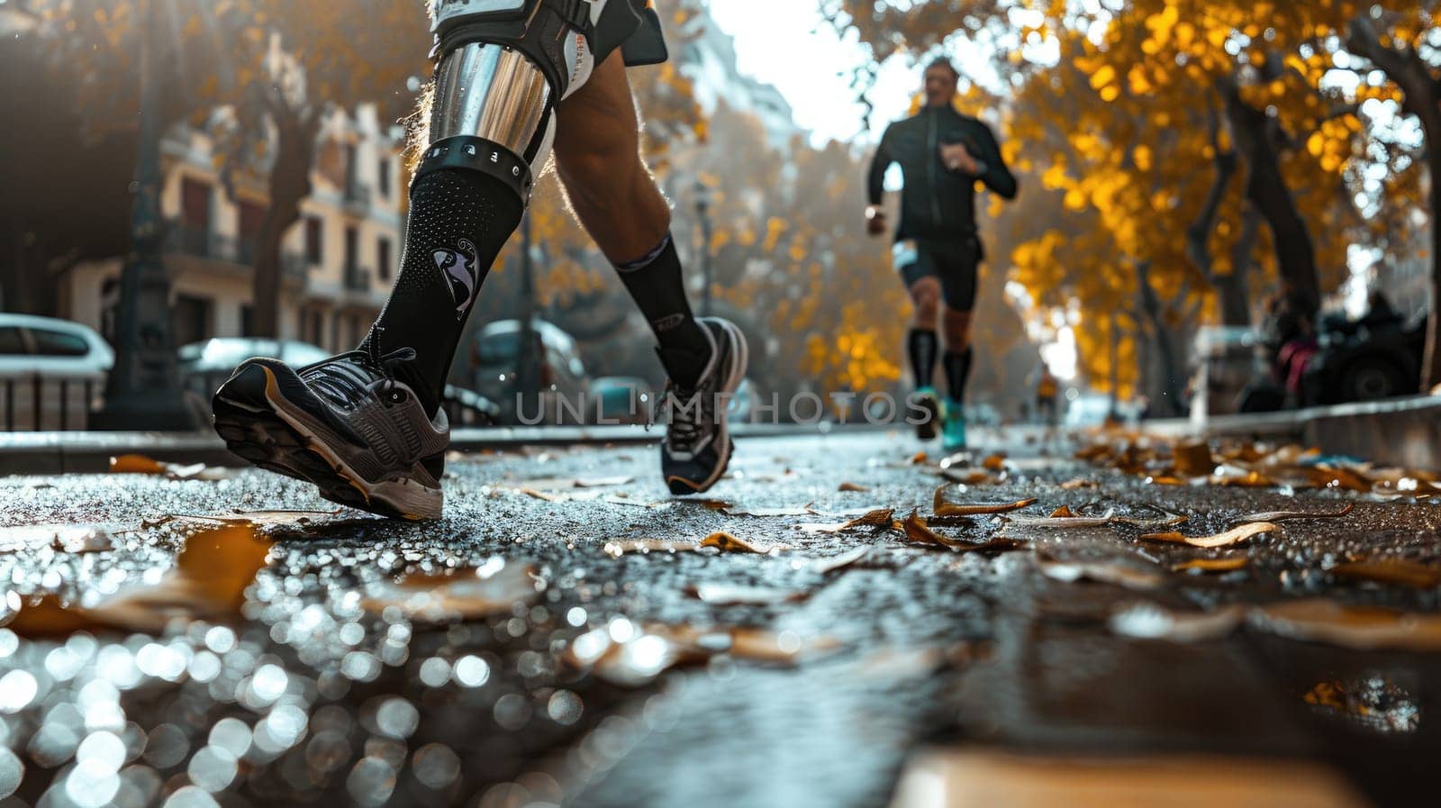 Determined athlete with prosthetic leg running in a competitive marathon race..