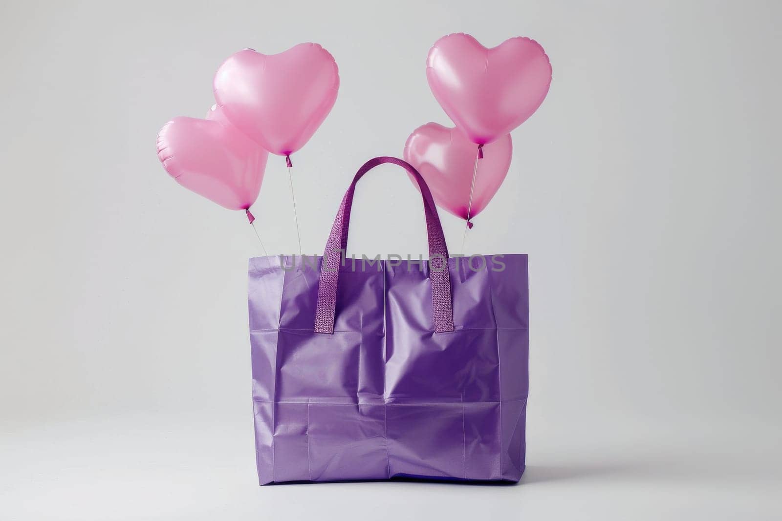 A purple bag with pink balloons on top of it. The balloons are heart shaped and are scattered around the bag. The scene gives off a festive and celebratory mood