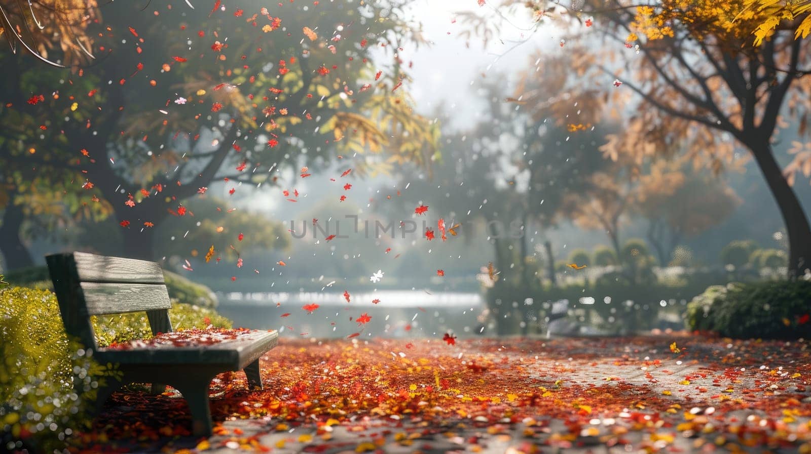 Tranquil Autumn Beauty: Serene Park with Fluttering Leaves..