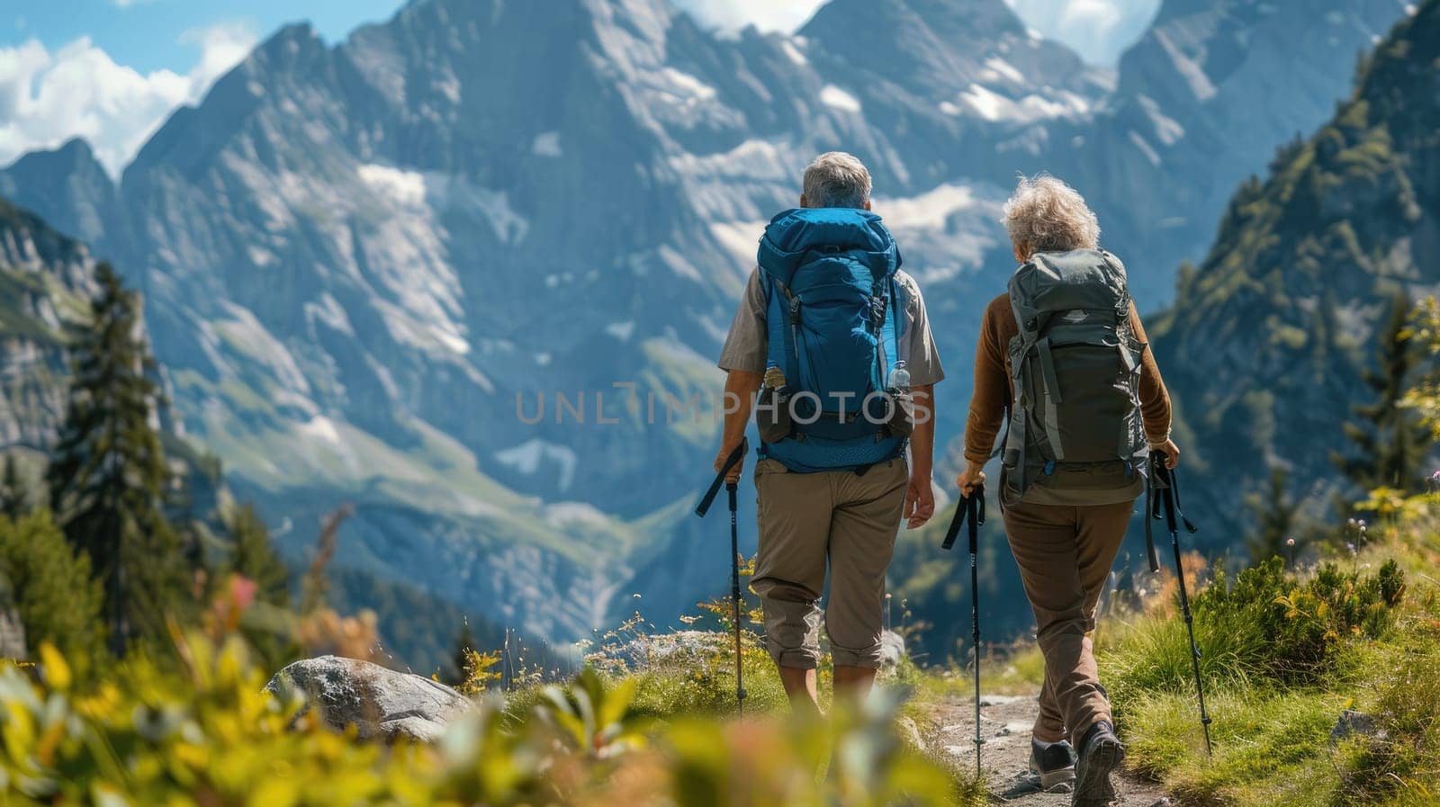 Active Senior Couple Enjoying a Picturesque Mountain Hike Together..