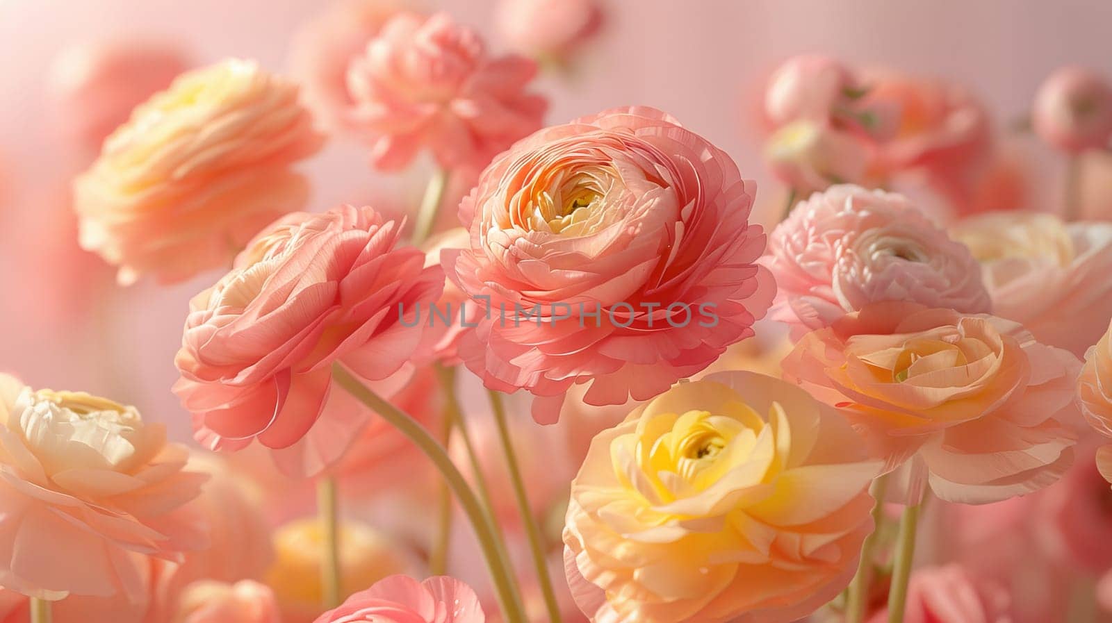 A bouquet of pink and yellow flowers with a pink background. The flowers are arranged in a way that they look like they are in a vase. Scene is cheerful and bright
