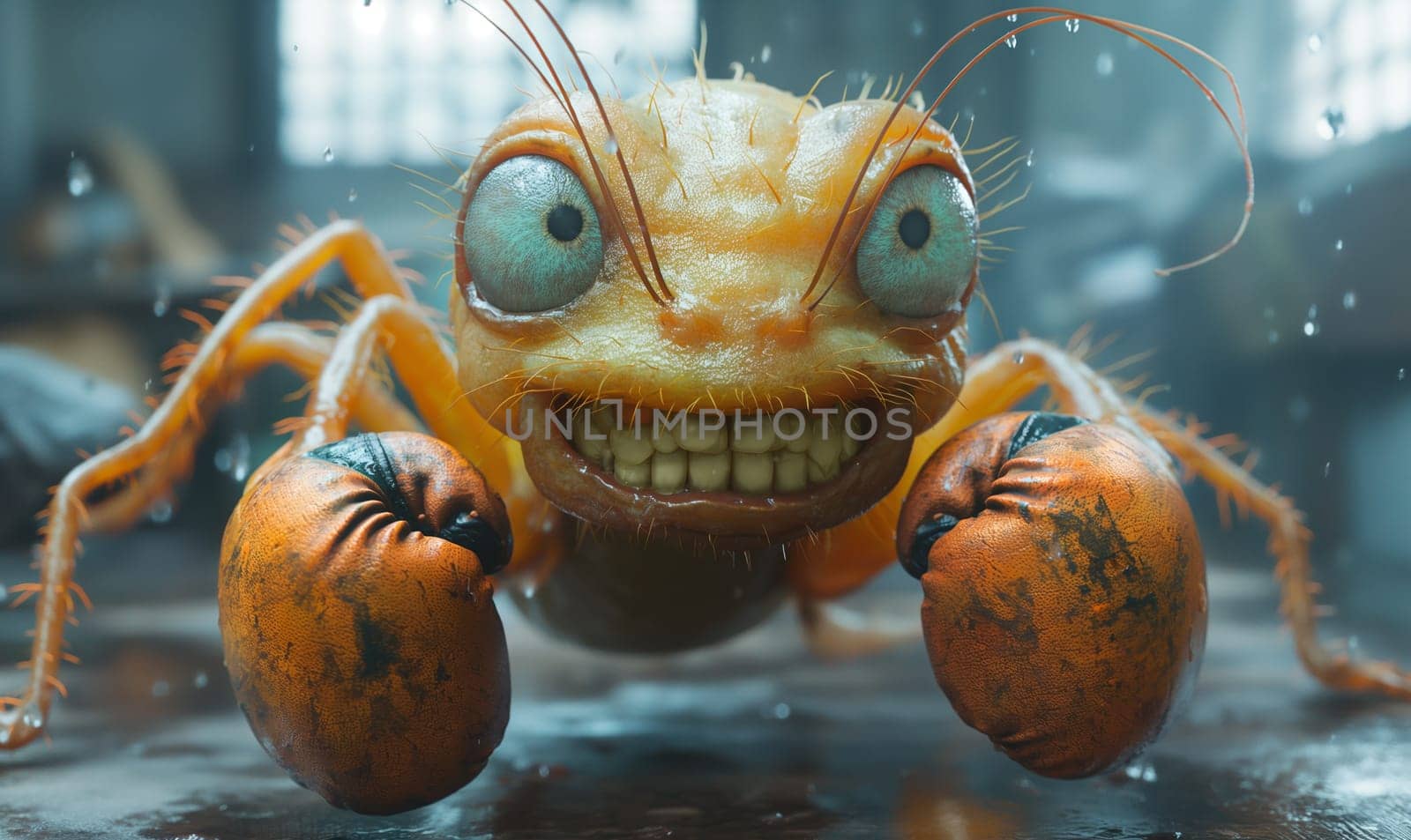 Strange creature wearing boxing gloves. Selective focus