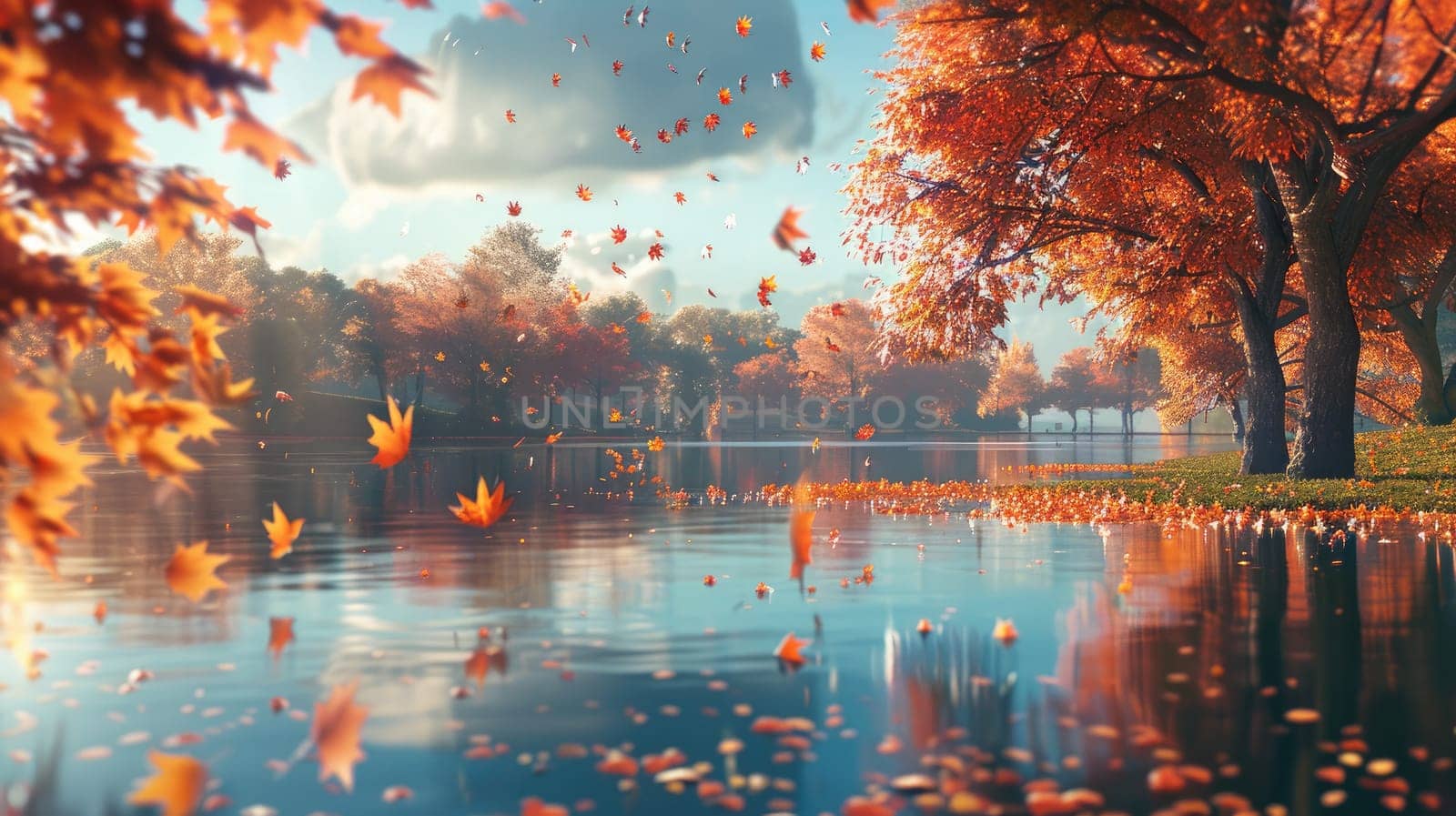 Tranquil Autumn Scene with Falling Leaves in a Peaceful Park Setting..