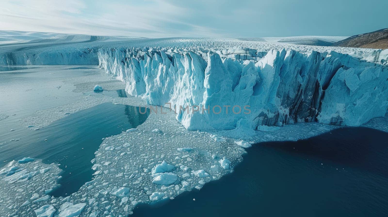 Aerial Perspective on Arctic Glacier Melting, Showcasing Climate Change Impact..