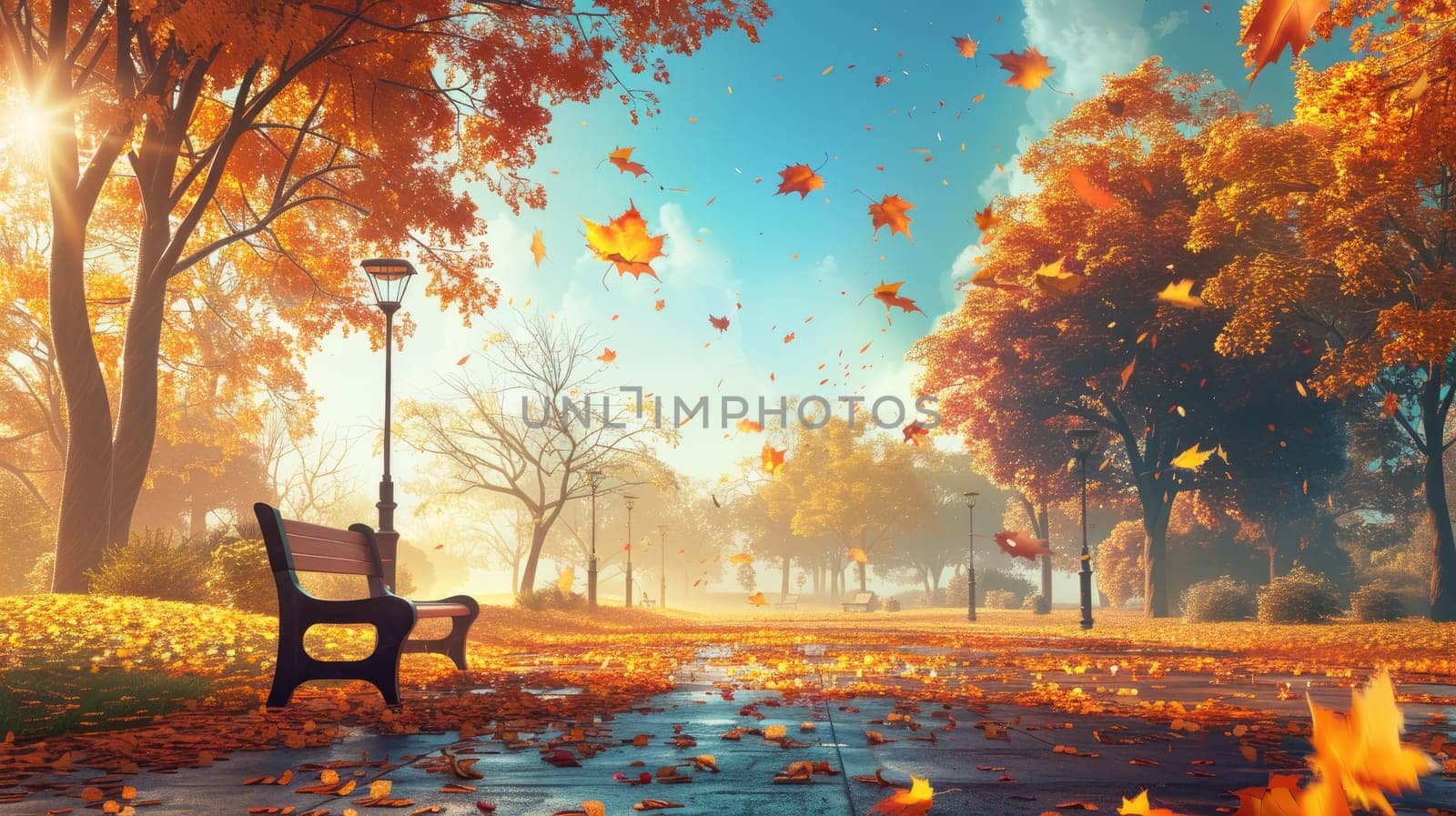 Tranquil Autumn Scene: Beautiful Park with Falling Leaves..