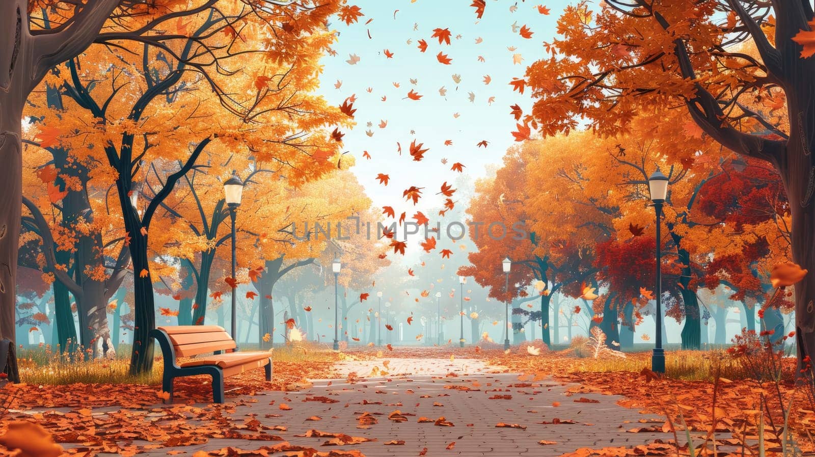 Tranquil Autumn Scene: Serene Park with Falling Leaves..