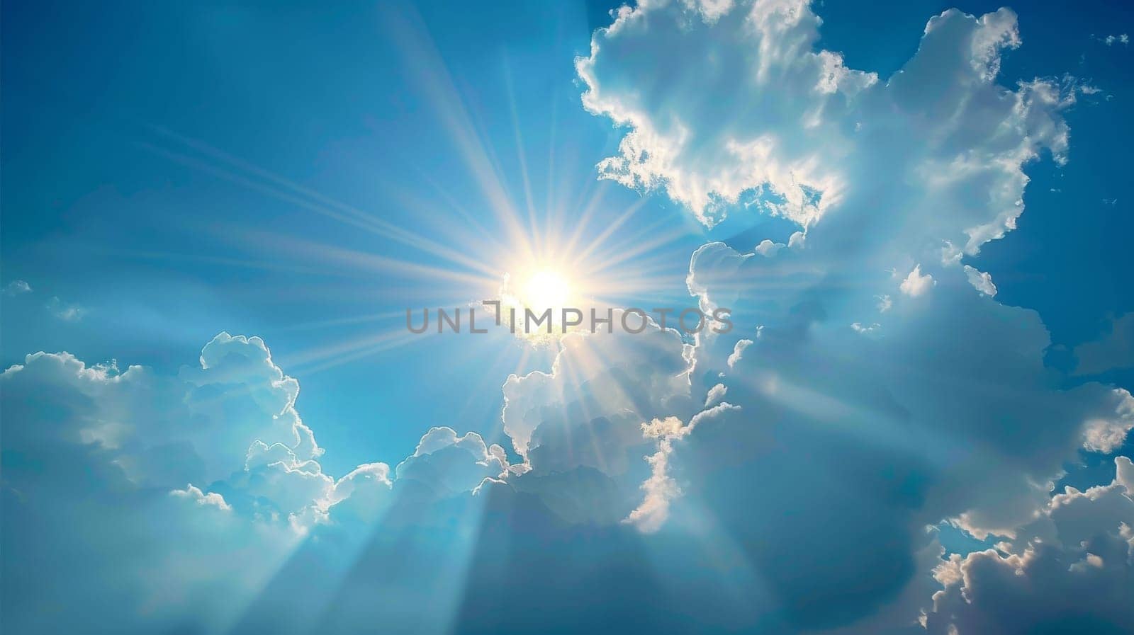 Clouds in the sky with the sun and sunlight sending out beams of light.