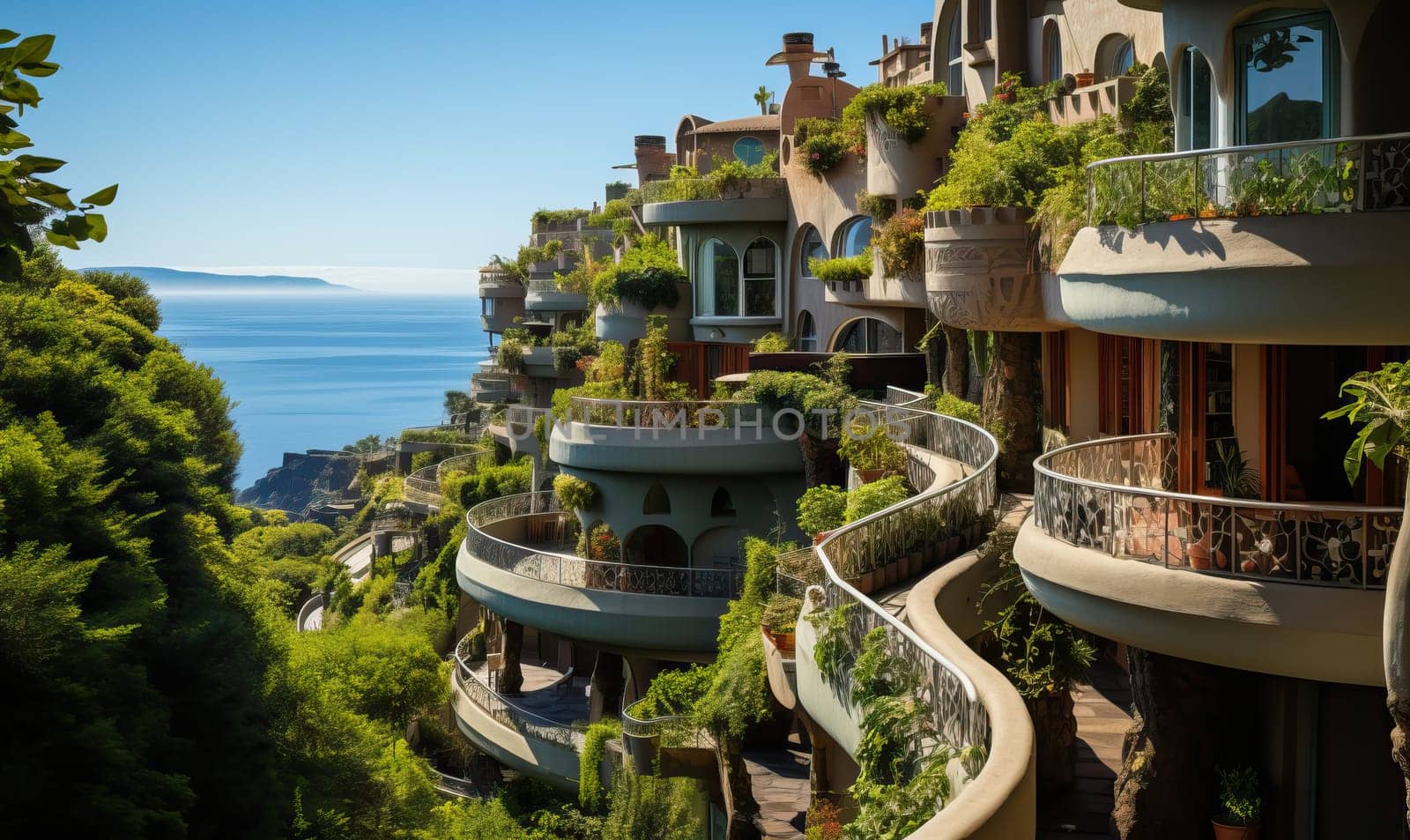 House on Cliff Overlooking Water. Selective focus.