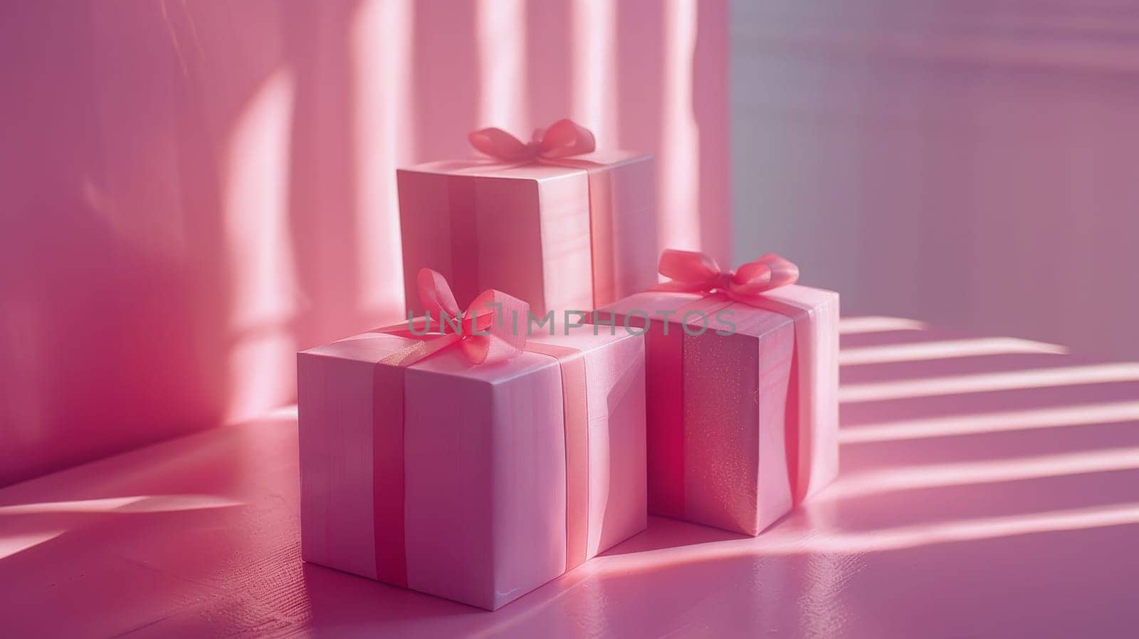 Three pink boxes with ribbons on top of a pink table. The boxes are stacked on top of each other