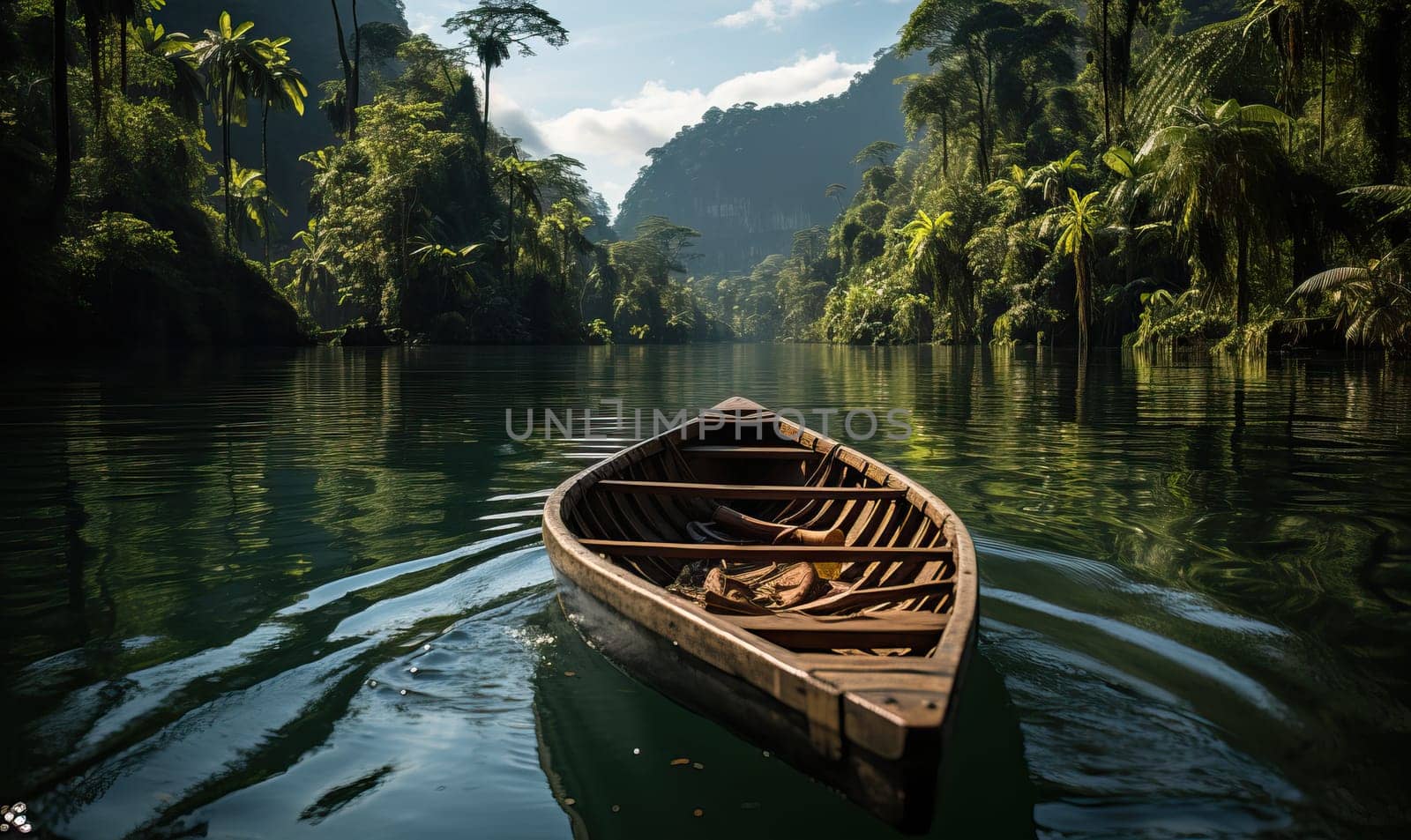 Boat Floating on Lake Surrounded by Trees. by Fischeron