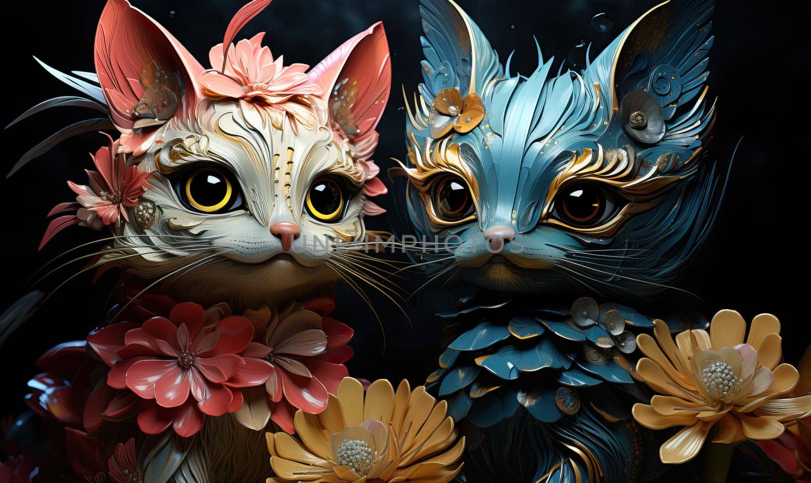 Fantasy cats on a dark background. Selective focus.