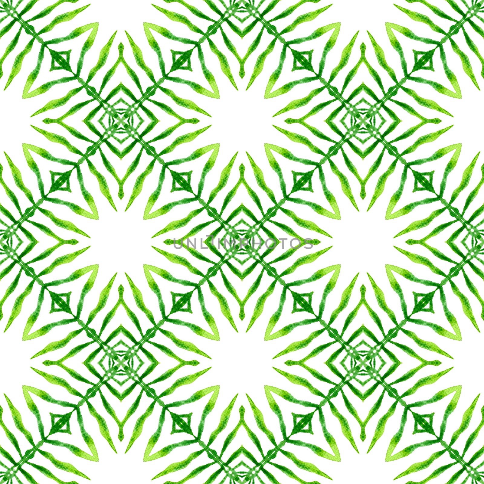 Ikat repeating swimwear design. Green breathtaking boho chic summer design. Textile ready resplendent print, swimwear fabric, wallpaper, wrapping. Watercolor ikat repeating tile border.