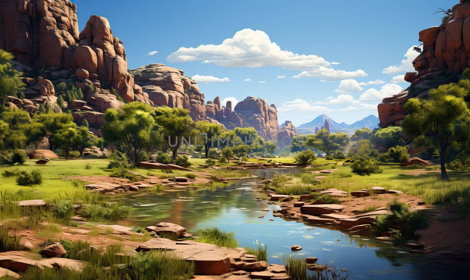 Image of a river winding through mountains, muted colors. Selective focus.