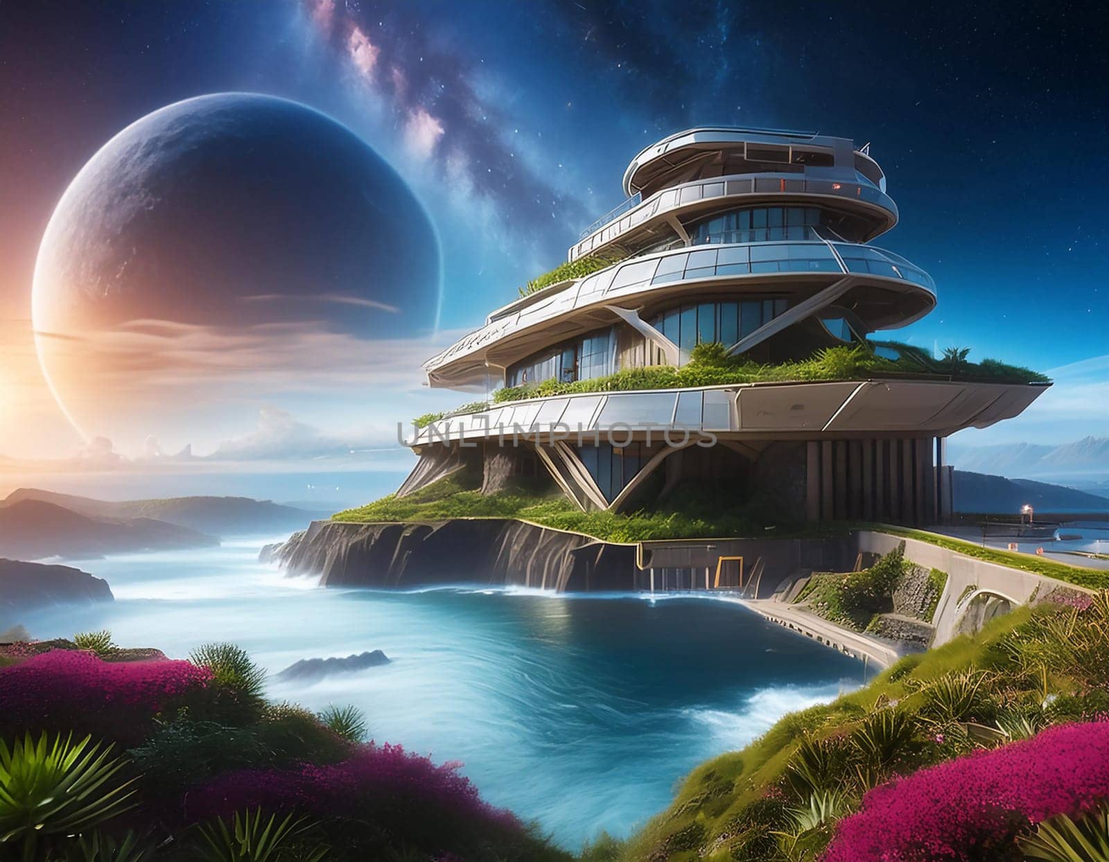 Fantasy image of a distant planet where a engineering building resides near a coast with the Milky Way Galaxy in the sky.